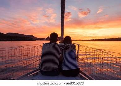 Romantic Sunset With The Couple On Yacht Near Vulcano Island, Aeolian Islands, Sicily, Italy