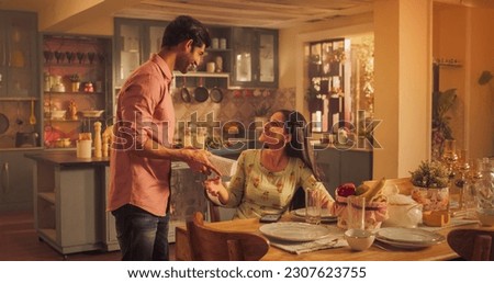 Romantic Surprise Gift: Loving Indian Boyfriend Presents a Gift to the Girfriend, Love of His life. Gorgeous Indian Girl Happily Receives Birthday or Valentine's Day Present. MediumShot
