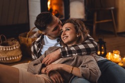 Romantic Surprise For Saint Valentine's Day, Christmas, New Year. Weekend In The Mountains In A Countryside Chalet House. Cozy Atmosphere, Relax. Candles, Garlands, Fireplace. Marriage Proposal
