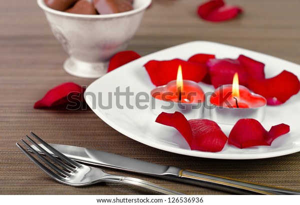 Romantic Table Decoration Rose Petals Candles Stock Photo