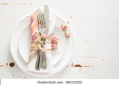 Romantic Table Setting With Died Flowers, Copy Space