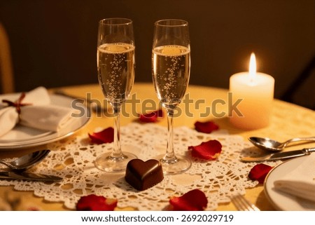A romantic table setting features two champagne flutes, red rose petals, a heart-shaped chocolate, and a lit candle. This intimate scene conveys love, celebration, and luxury dining.