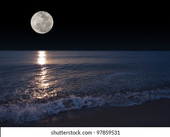 Romantic tropical beach with beautiful full moon