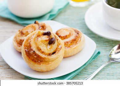 Romantic Tropical Breakfast Danish Pastry, Coffee, Juice. Summer Background. 