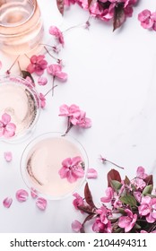 Romantic Valentines Day Floral Still Life, Frame With Rose Light Champagne In The Two Coupes Champagne Glasses With Beautiful Soft Pink Flowers, Wine Tasting Concept, Copy Space, Pastel Colors