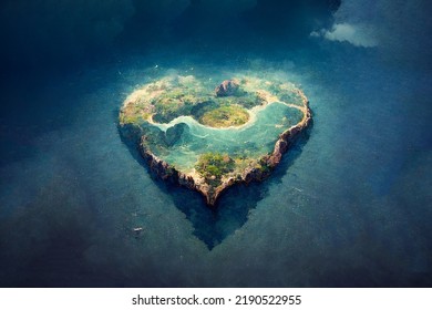 Romantic valentine's day gift. Love for travel and adventure. Small island in the shape of a heart. Islet-heart in the blue sea.