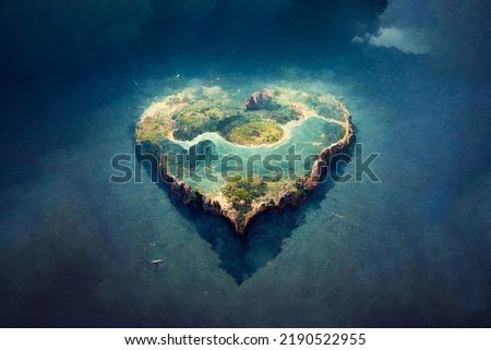 Romantic valentine's day gift. Love for travel and adventure. Small island in the shape of a heart. Islet-heart in the blue sea.
