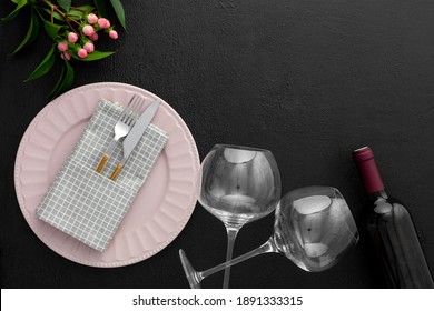 Romantic Valentine's Day Table Setting With Wine, Glasses And Red Box
