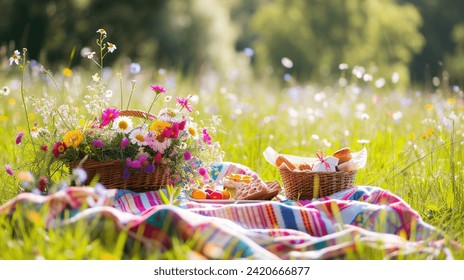 Romantic Valentines picnic setup with a colorful blanket, baskets of food, and a bouquet of flowers in a blooming meadow, perfect for couples. - Powered by Shutterstock