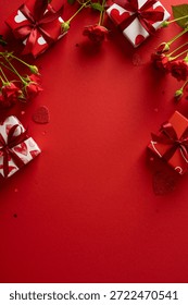 Romantic vertical scene featuring red roses and gift boxes with heart motifs arranged on a deep red background, conveying love, celebration, and Valentine greetings suitable for cards, promotions