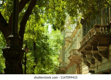 Romantic view of an Andrassy Avenue balcony on a bright summer day in the downtown of Budapest, Hungary, Eastern Europe