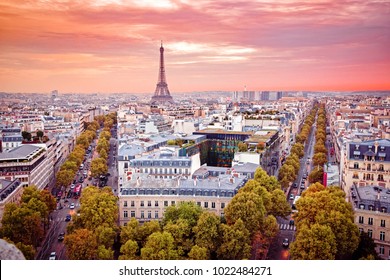 Romantic View On Paris From Arc De Triumph. France. Popular European Travel Destination, Paris Is City Of Love And Romance.