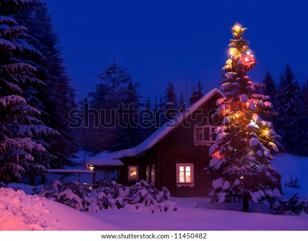 Romantic View On Snowy Christmas Illuminated Stock Photo Edit Now