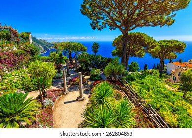 Romantic Walkway And Ornamental Garden With Colorful Flowers,Villa Rufolo,Ravello,Amalfi Coast,Italy,Europe