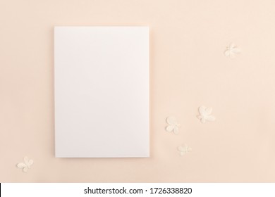  Romantic Wedding Blank Invitation Card Mock Up On Soft Pink Background With Small White Flowers. Modern Neutral Minimal Feminine Stationery Presentation Design.