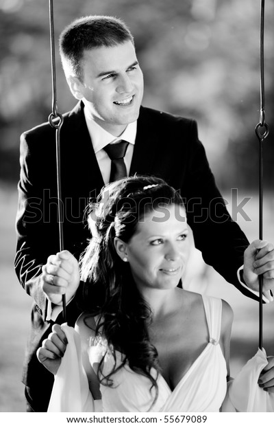 Romantic Wedding Couple Husband Swinging His Stock Photo