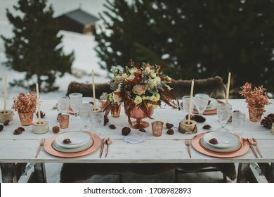 Romantic Wedding Table In The Middle Of The Mountain. Winter Wedding Decor.