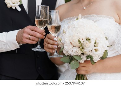 Romantic Wedding Toast with Elegant Champagne Glasses and Bridal Bouquet. - Powered by Shutterstock