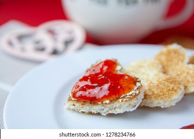 Romatic Heart-shaped Toast With Jam And Tea