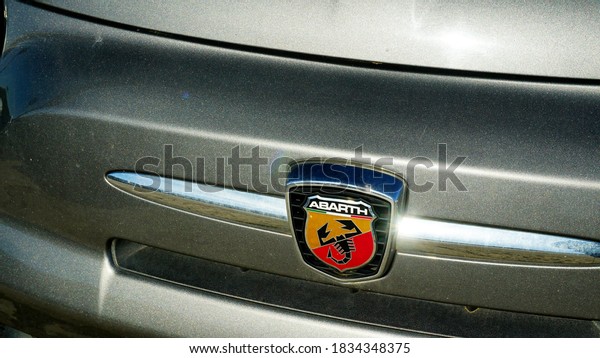 Rome, 02 May 2019:  Logo of
the Italian car manufacturer ABARTH. founded March 31, 1949 by the
Italian-Austrian engineer Carlo Abarth and the pilot Guido
Scagliarini