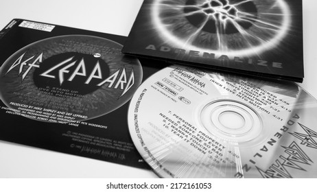 Rome, 03 March 2020: CD And Artwork Of The English Heavy Metal Band DEF LEPPARD. They Became The 80s Most Successful Commercial Rock Band, In Front Of Bands Like Bon Jovi And Guns N 'Roses