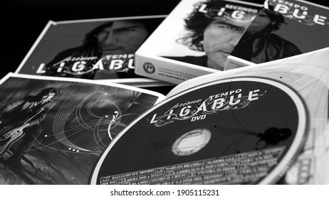 Rome, 03 October 2020: cd covers of the best of the Italian rocker LUCIANO LIGABUE. one of the most successful Italian artists, also known as the screenwriter and director of some films