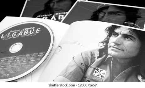 Rome, 03 October 2020: cd covers of the best of the Italian rocker LUCIANO LIGABUE. one of the most successful Italian artists, also known as the screenwriter and director of some films
