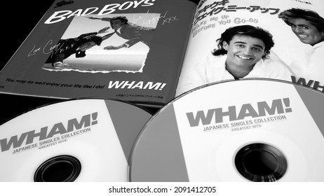 Rome, 08 December 2021: Special Japanese cd edition of the best of the English duo WHAM. first pop star group GEORGE MICHAEL. (selective focus on cd cover)