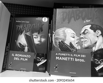 Rome, 13 December 2021: Comic Book Collection Of The Diabolik Character And Graphic Novel From The Manetti Bros Film. Created In 1962 By The Giussani Sisters And Made Up Of More Than 800 Volumes