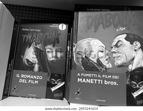 Rome, 13 December 2021: Comic book collection of\
the Diabolik character and graphic novel from the Manetti Bros\
film. created in 1962 by the Giussani sisters and made up of more\
than 800 volumes