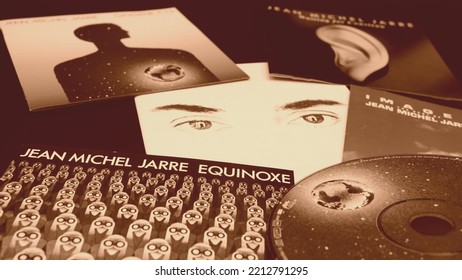 Rome, 20 January 2020: Covers And CDs Of French Musician And Composer JEAN-MICHEL JARRE. Artist Famous For His Great Concerts And Electronic Music Created With Synthesizers And Sequencers