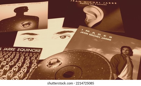 Rome, 20 January 2020: Covers And CDs Of French Musician And Composer JEAN-MICHEL JARRE. Artist Famous For His Great Concerts And Electronic Music Created With Synthesizers And Sequencers