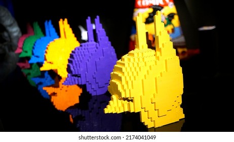 Rome, 26 December 2018: BATMAN Hoods Made With Lego Bricks By Nathan Sawaya Of The Art Of The Brick DC Super Heroes. Iconic Character Created By Bob Kane And Bill Finger IN 1939