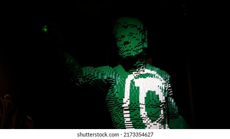 Rome, 26 December 2018: GREEN LANTERN Made With Lego Bricks By Nathan Sawaya Of The Art Of The Brick DC Super Heroes. DC Character Created By Bill Finger And Martin Nodell In 1940