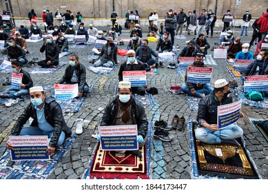 Rome, 30 october 2020: Members of an Italian Muslim association stage a sit-in and prayer to condemn what they see as persecutory acts against the Islamic community in France. 