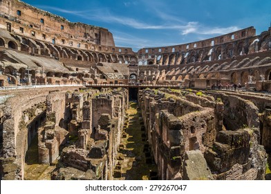 ROME - APRIL 17, 2013: Interior of The Colosseum (Coliseum) also known as the Flavian Amphitheatre on a sunny spring day. Arena and hypogeum. One of the main attractions of the city. Rome, Italy.