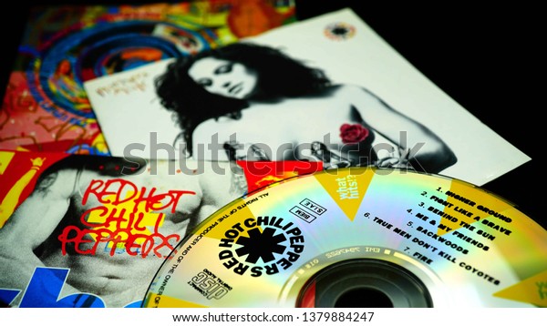 Rome, April 22, 2019: Covers of three CDs by\
the American rock band formed in Los Angeles RED HOT CHILI PEPPERS.\
one of the best-selling bands of all time with over 80 million\
records sold worldwide