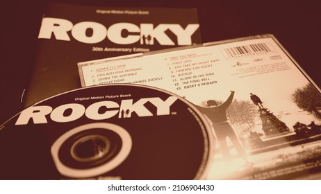 Rome, April 29, 2019: Cd covers of the American sports boxing movie ROCKY. Special edition for the thirtieth anniversary of the first 1976 film that launched Sylvester Stallone