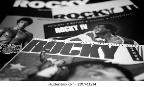 Rome, April 29, 2019: Cd covers of the American sports boxing movie series Rocky. The series has grossed more than $1.7 billion at the worldwide box office