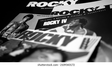 Rome, April 29, 2019: Cd covers of the American sports boxing movie series Rocky. The series has grossed more than $1.7 billion at the worldwide box office