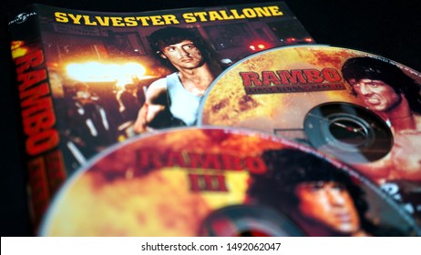 Rome, August 23, 2019: Rome, Italy - August 02, 2019: Cover And Cd Of The Dvd Edition Of The Rambo Saga. Film With Silvester Stallone On Vietnam Veteran John Rambo, 1980s Blockbuster