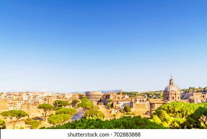 Rome Cityscape With Forum Romano And Colosseum.