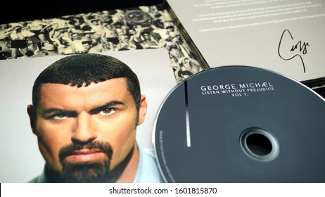 Rome, December 28, 2019: covers and CD of the special edition of GEORGE MICHAEL's album, Listen Whitout Prejudice Vol. 1 with live tracks and remixes