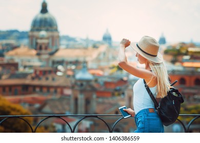 Rome Europe Italia Travel Summer Tourism Holiday Vacation Background -young Girl With Mobile Phone In Hand Standing On The Hill Looking On The Cathedral Vatican