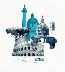 Rome Famous Landmarks Collage. The Modern Art Design From Best Views Of Rome, Ital At Europe.