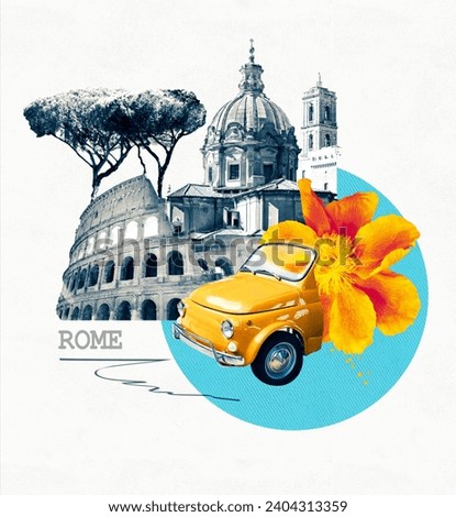 Rome famous landmarks collage. The modern art design from best views of Rome, Ital at Europe.