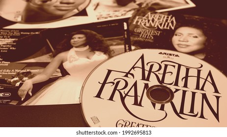 Rome, February 10, 2020: CD and artwork of the icon of gospel, soul and R and B music ARETHA FRANKLIN. she has won twenty-one Grammy prizes, eight of which have been won consecutively