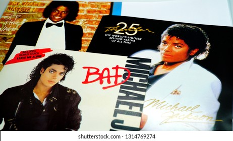 Rome, February 13, 2019: Collection of CD covers of the first three solo albums by MICHAEL JACKSON. an American singer, songwriter and dancer. Dubbed the "King of Pop"