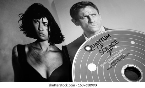 Rome, February 18, 2019: Detail of CDs and artwork of the soundtrack Quantum of Solace of 2008, the twenty-second of the James Bond series