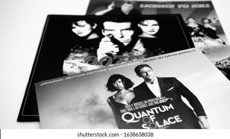 Rome, February 18, 2019: three covers of soundtracks of films of 007 starring the last three actors: Timothy Dalton,Pierce Brosnan,Daniel Craig
